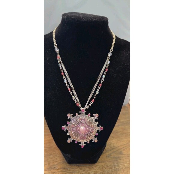 Pink & Silver Tone Pendant Necklace With Lots Of Bling & Sparkle 19" Unique - Picture 2 of 3